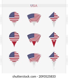USA flag, set of location pin icons of USA flag. Vector illustration of national symbols.
