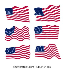 USA flag set on white background, vector illustration. American national design element. Undependence day of united states of America, july fourth logo.