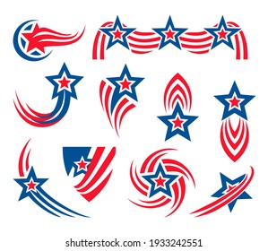 Usa flag set vector image, design elements, Stars and stripes, 4th of July, Flag, Star, Fireworks, Shield, Logo, Stripes design, Sticker set