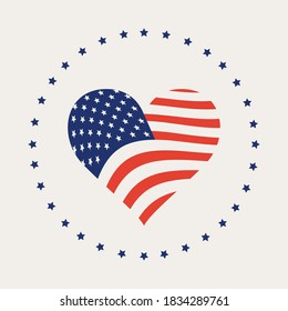 USA flag in a shape of heart isolated on a light background. Simple flat vector illustration, icon, logo, badge, banner. Patriotic national symbol of United States of America