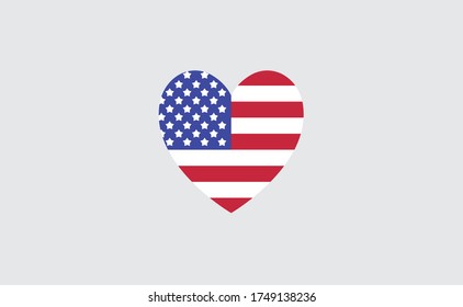 
USA flag in a shape of heart. Patriotic national symbol of United States of America. Independence day graphic design element. Simple flat vector illustration.