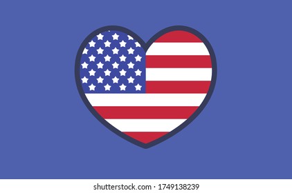 
USA flag in a shape of heart. Patriotic national symbol of United States of America. Independence day graphic design element. Simple flat vector illustration.