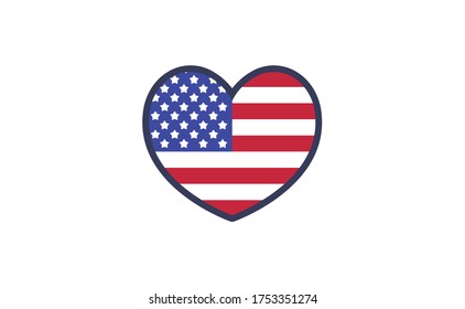 
USA flag in a shape of heart. Patriotic national symbol of United States of America. Independence day graphic design element. Simple flat vector illustration.