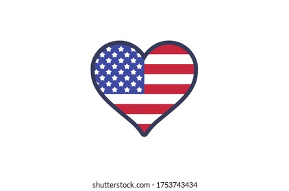 
USA flag in a shape of heart. Patriotic national symbol of United States of America. Independence day graphic design element. Simple flat vector illustration.