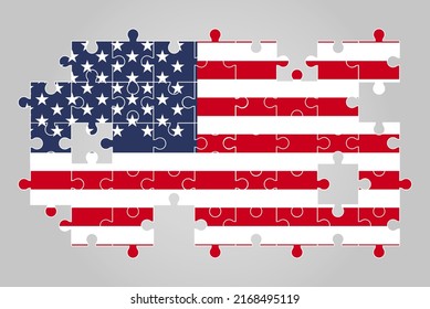 USA flag shape of jigsaw puzzle vector, puzzle map, USA flag for children and classroom, country logo asset, solve problem concept, flat design