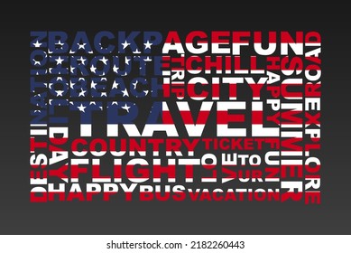 USA flag shape of travel keywords, travel concept, abroad vacation idea, simple flat design, USA flag mask on holiday words, tourism banner