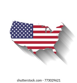 USA flag in a shape of US map silhouette. United States of America symbol. Vector illustration with dropped long shadow on white background.