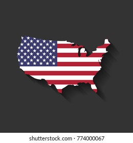 USA flag in a shape of US map silhouette. United States of America symbol. Vector illustration with dropped long shadow on dark grey background.
