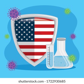 usa flag in shield with tube test and covid19 particles vector illustration design