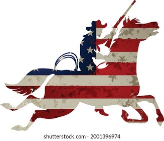 USA Flag and the silhouette of an authentic western cowboy on horseback
