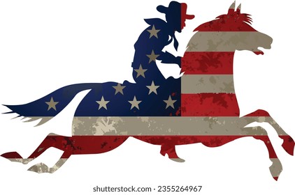 USA Flag and the silhouette of an authentic western cowboy on horseback