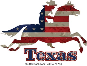 USA Flag and the silhouette of an authentic western cowboy on horseback