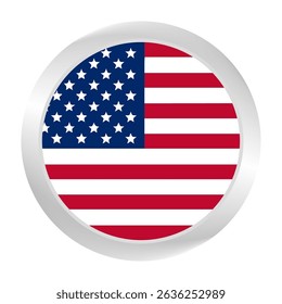 The USA flag.  Silver frame. Circle flag icon logo. Round glossy. Flag icon. Standard color. Digital illustration. 