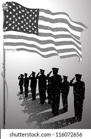 USA flag with soldiers silhouette salute.