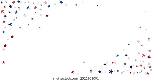 Fondo de la esquina de las estrellas de la bandera de EE.UU., confeti de estrellas rojas y azules, brillo estrellado