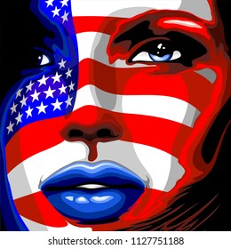 Usa Flag Stars and Stripes Beautiful Girl Portrait
