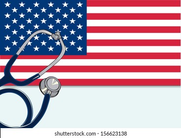 USA flag with stethoscope, healthcare concept.