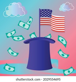 USA flag sticking out of a top hat with a bunch of money around flying out of there. The wealth of the USA is on the stock exchange in funds and banks.