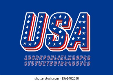 USA flag style font design, alphabet letters and numbers vector illustration