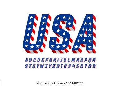 USA flag style font design, alphabet letters and numbers vector illustration