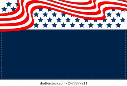 USA flag symbols patriotic holiday border with flowing ribbon and with dark blue empty space for text.	


