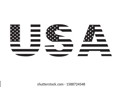 USA flag text, American flag in letters, black isolated on white background, vector illustration.