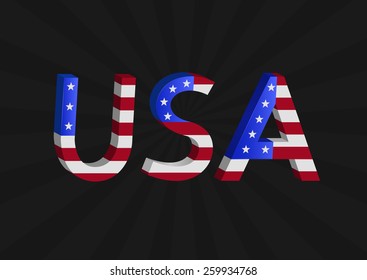USA flag text on the black striped background. Vector illustration.