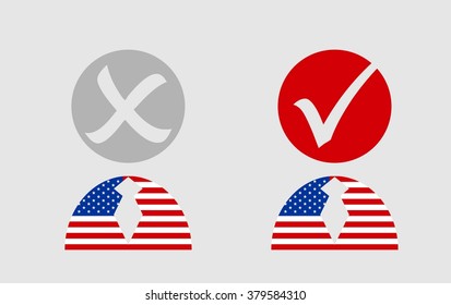 USA flag textured persons icon with vote mark. Image relative to parliament, president and others elections in United States of America