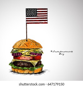 Usa flag top of burger- 4th July. Hand Drawn Vector Background.