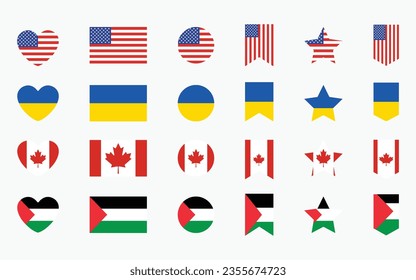 USA flag, ukraine flag, Palestine flag, canada flag. flags of countries.