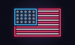 USA Flag. United States Of America Flag Neon Sign. USA Logo, Emblem. Fourth Of July Neon Poster. Light Banner. Vector Illustration. 