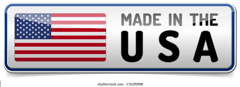 USA flag, United States of America - glossy button banner with reflection and shadow on white background