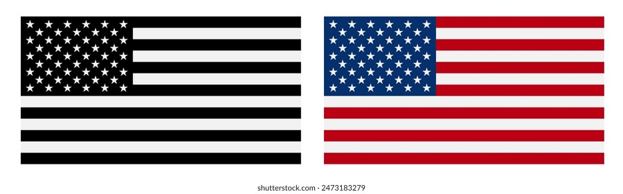 Bandera de los Estados Unidos de América, bandera de los Estados Unidos de América en proporciones correctas, versión en color y negro