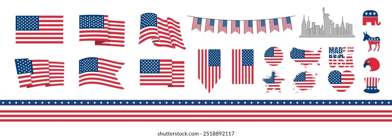 VECTOR de la bandera de EE.UU. Rayas banderas de Estados Unidos con estrellas. Símbolo nacional americano aislado en fondo transparente.