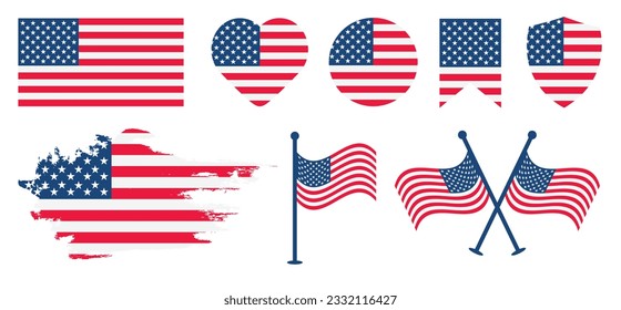 USA flag vector design set. united state of America flag design with love 
 icon and brush vector design.