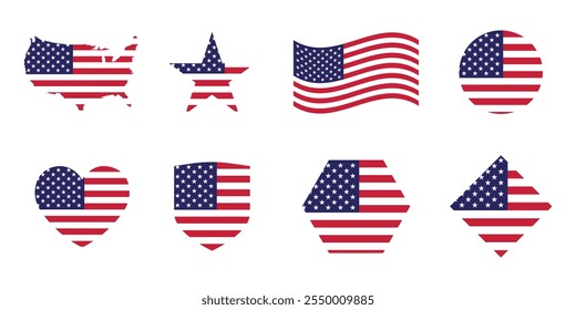 Iconos del vector de la bandera de los EE.UU. en diversas Formas. Bandera americana. Estados Unidos de América chapas planas. Conjunto de iconos de bandera estadounidense para carteles, redes sociales y Diseños del Día de la Independencia. Conjunto de símbolos patrióticos