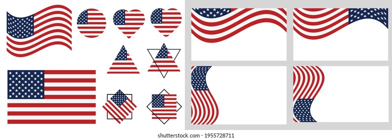 USA flag vector illustration.  American flag national sign isolated.  flag of the United States. USA  vector illustration. eps 10 vector. Set of American flag. Icon. US, USA, America.