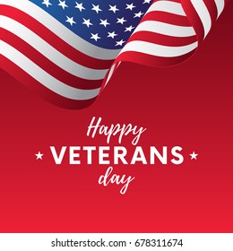 USA flag vector illustration with Happy Veterans Day lettering. November 11. Celebration poster with stars and stripes. Greeting card. Vector illustration.