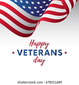 USA flag vector illustration with Happy Veterans Day lettering. November 11. Celebration poster with stars and stripes. Greeting card. Vector illustration.