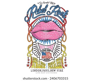 USA flag vintage vector t shirt design. Lips poster. Rock and roll  logo artwork for apparel and others. Rebel rock poster design. Rock star. Music world tour. 