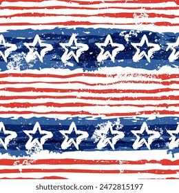 USA flag watercolor painted seamless pattern. Vector hand drawn illustration. American national holiday background. Fashion textile print, wrapping paper, trendy fabric design