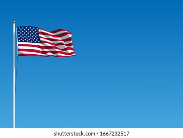 The USA flag waving on the wind. American flag hanging on the flagpole against the clear blue sky. Realistic vector illustration