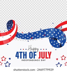 USA flag waving ribbon illustration with 4th of july independece day greeting lettering, stars and stripes on transparent background. Vector design.
