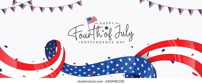 USA flag waving ribbon panoramic illustration with 4th of July greeting lettering, stars and stripes, and bunting decoration on a white background. Vector design.
