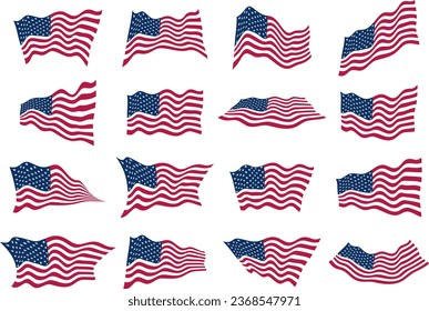 The USA flag waving in the wind from different angles. Set of american flags. Design element of vector illustration.