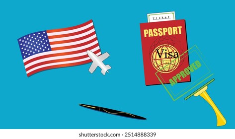 USA flag with white plane icon. Passport with visa approved stamp. Black stylish Pen. United States of America Travel poster. Editable vector EPS available