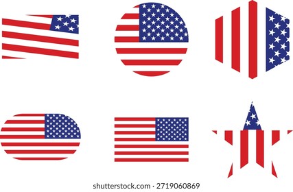 Banderas de Estados Unidos en diferentes Formas geométricas. Iconos de la bandera nacional de los Estados Unidos de América que incluyen símbolos de círculo, estrella y hexágono aislados