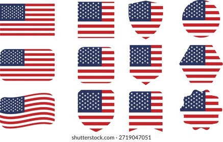 USA-Fahnen in verschiedenen Formen. Kollektion von Nationalflaggensymbolen der Vereinigten Staaten von Amerika, einschließlich Schilden, Kreisen und Bannern einzeln