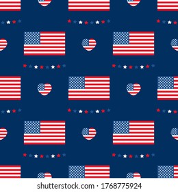 USA flags, garlands, hearts vector seamless pattern background for fourth of july celebration, national american holidays.
