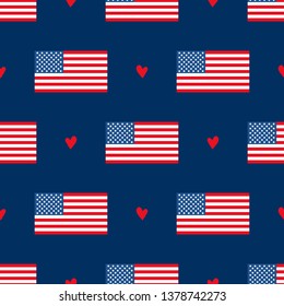 USA flags and hearts vector seamless pattern background for national american holidays design.